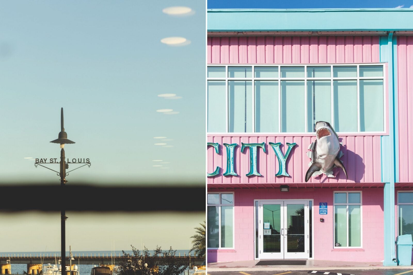 A sign for Biloxi; a souvenir shop with a pink exterior and shark