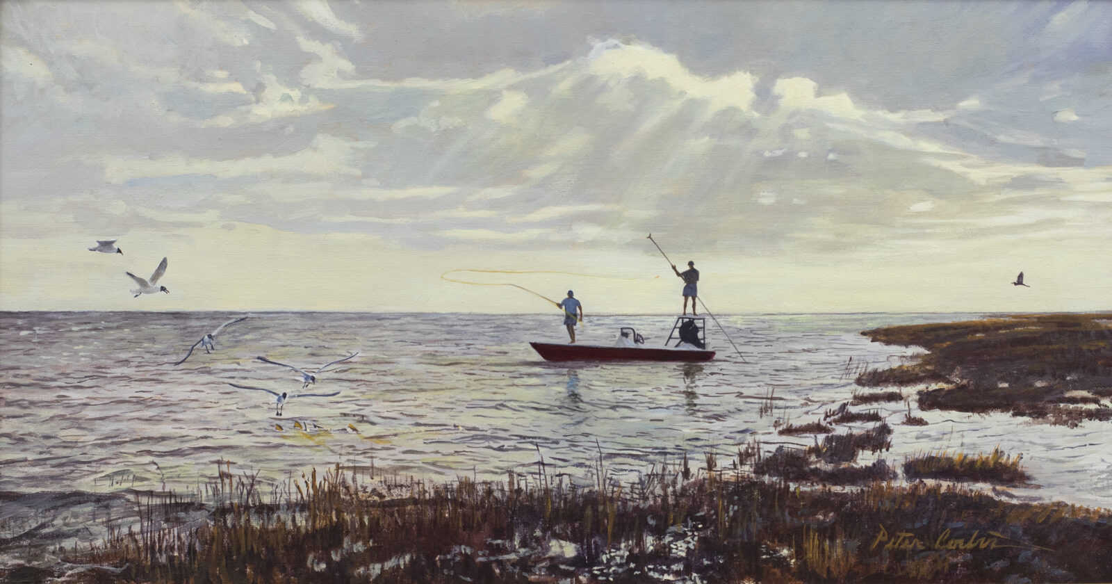 A painting of people fishing