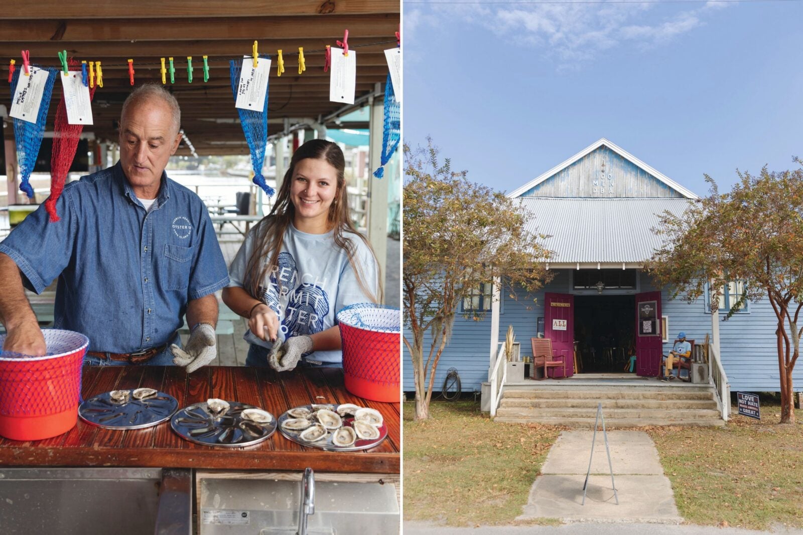 People shuck oysters; a community hall