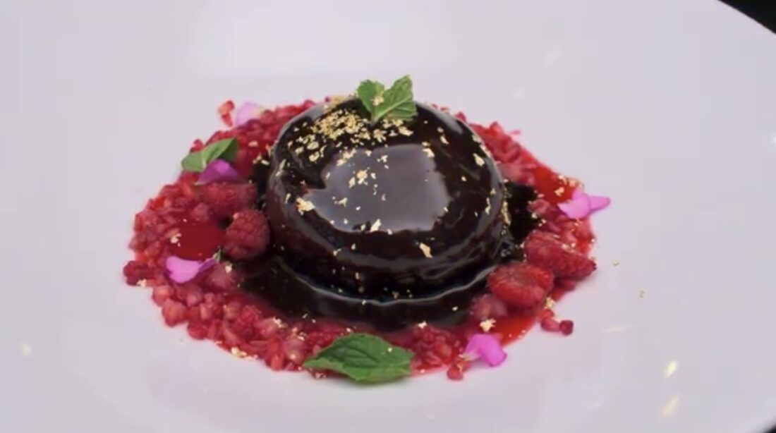 image of the French chocolate and raspberry entremet layered cake