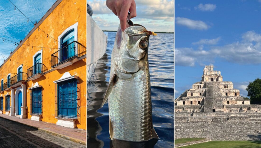 A collage of three images: a bright orange building in Mexico; a hand holds a tarpon; ancient ruins