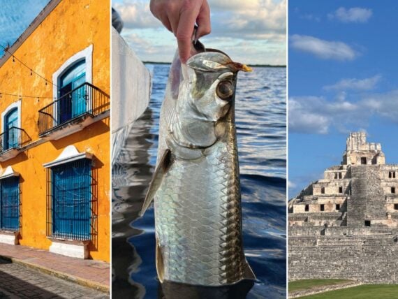 A collage of three images: a bright orange building in Mexico; a hand holds a tarpon; ancient ruins