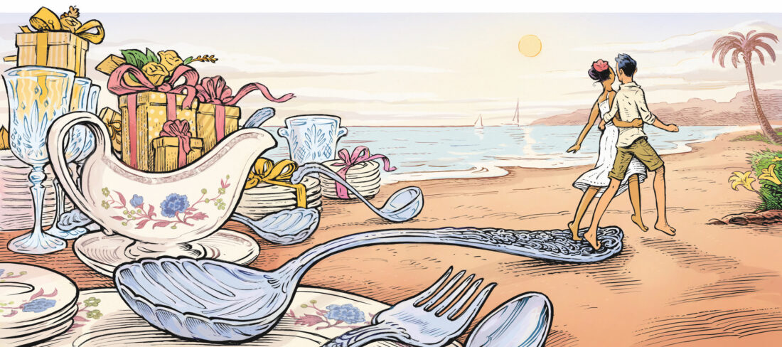 An illustration of a couple walking on a beach with large plates and silverware on the sand