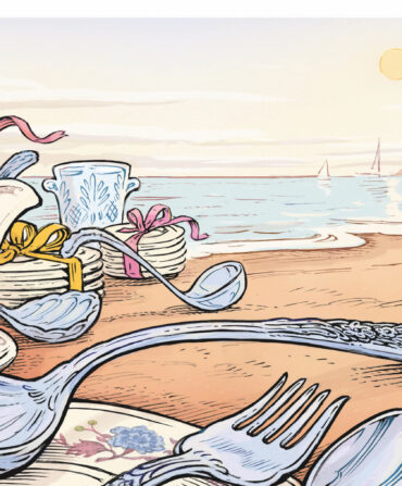 An illustration of a couple walking on a beach with large plates and silverware on the sand