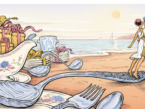 An illustration of a couple walking on a beach with large plates and silverware on the sand