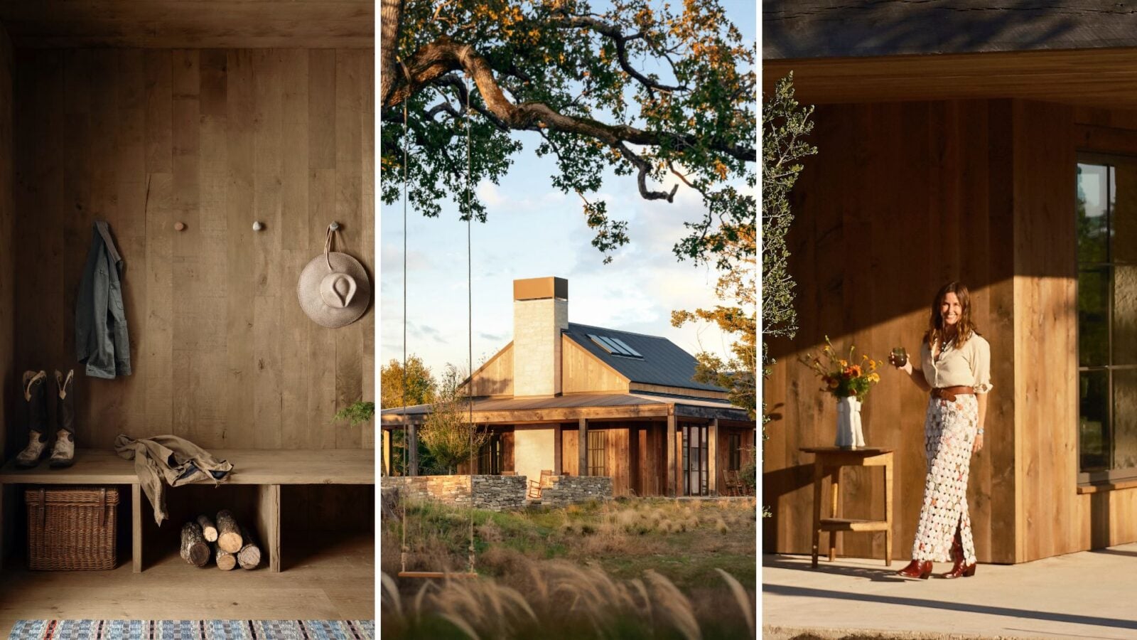 side by side images of a wooden entryway, designer Emily Seiders, and exterior shot of the farmhouse