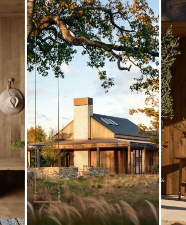 side by side images of a wooden entryway, designer Emily Seiders, and exterior shot of the farmhouse