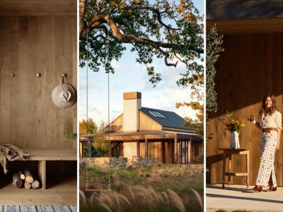 side by side images of a wooden entryway, designer Emily Seiders, and exterior shot of the farmhouse