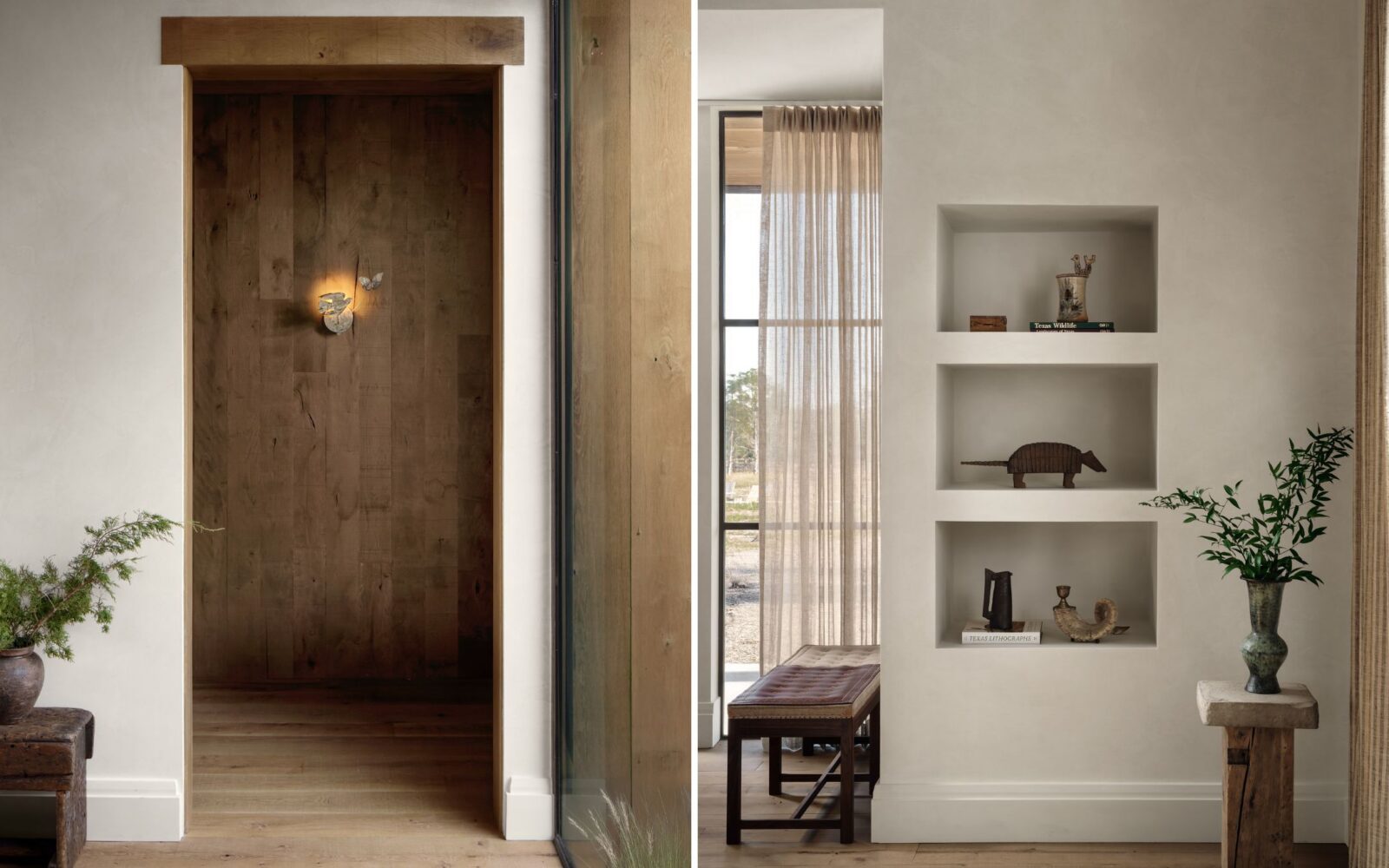 interior side by side photos of a silver sconce in the hallway and a white shelved wall with a hand-stitched leather bench