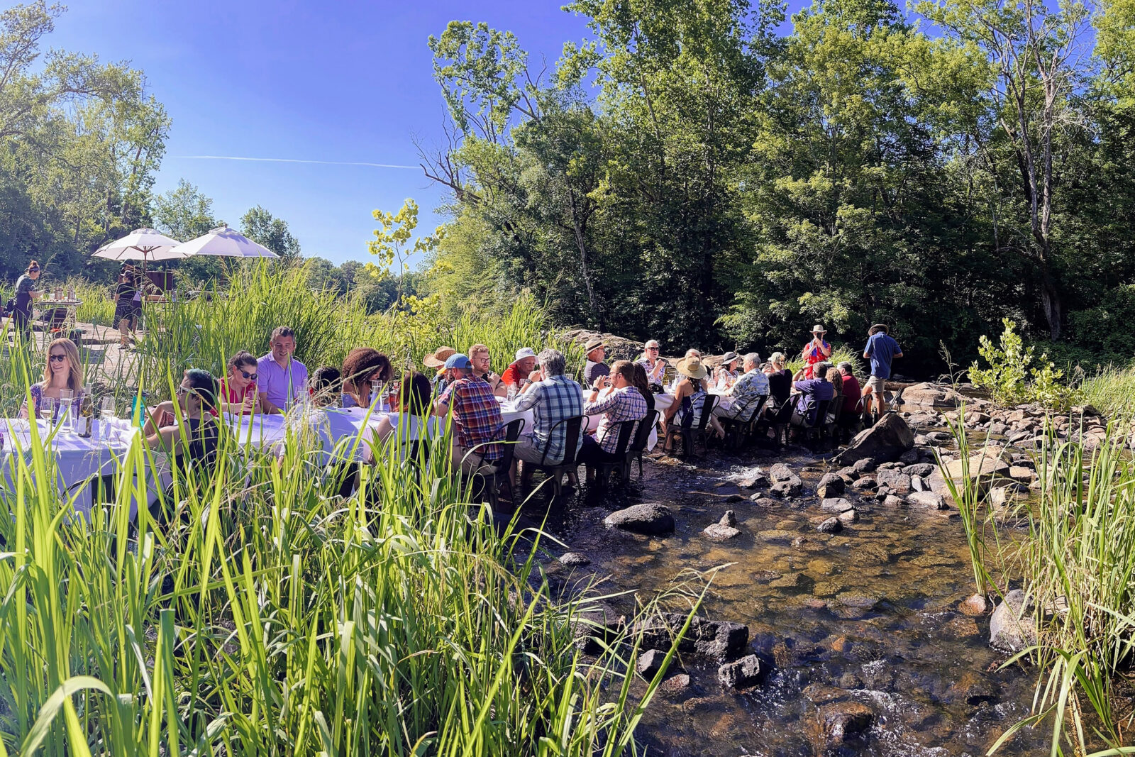 A dining table with people in a river
