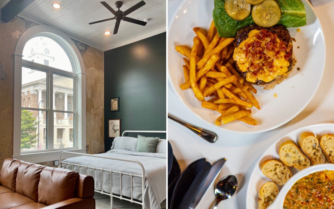 side by side image of hotel room and a burger on a table