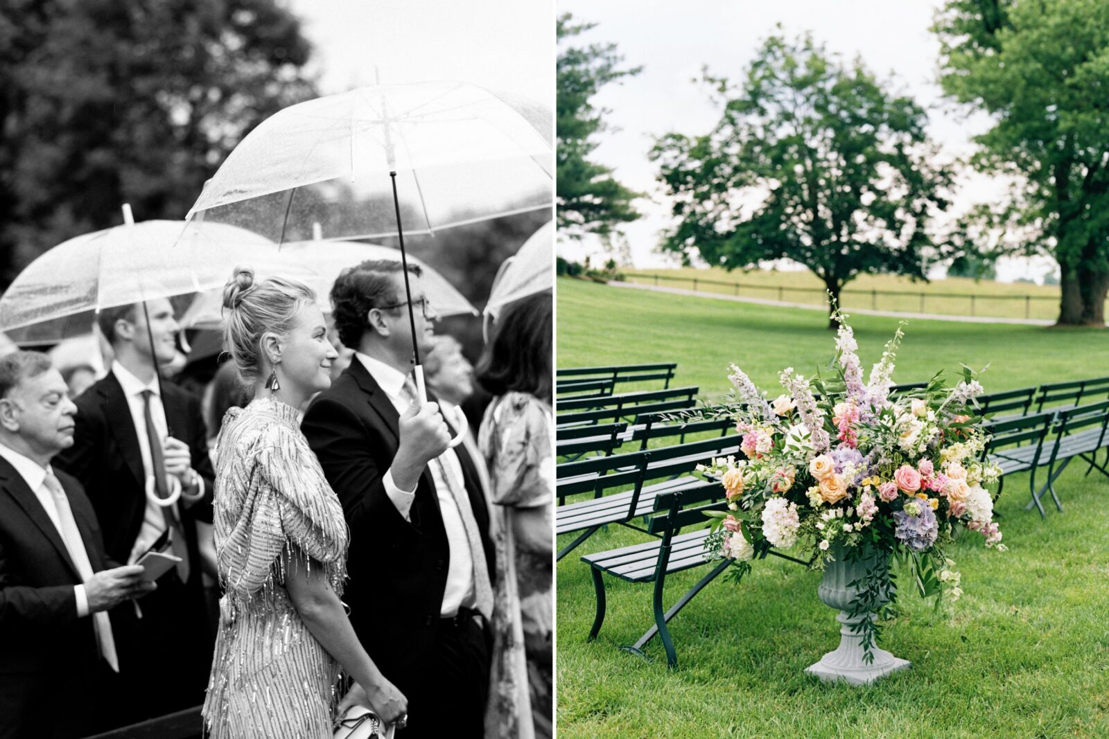 People hold up umbrellas; flowers at a wedding ceremony on grass with iron benches