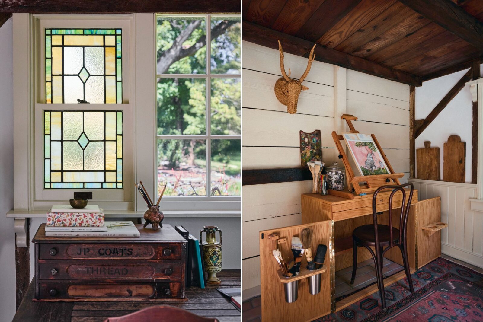 A view from a desk through a cottage window, a painter's desk in a cottage