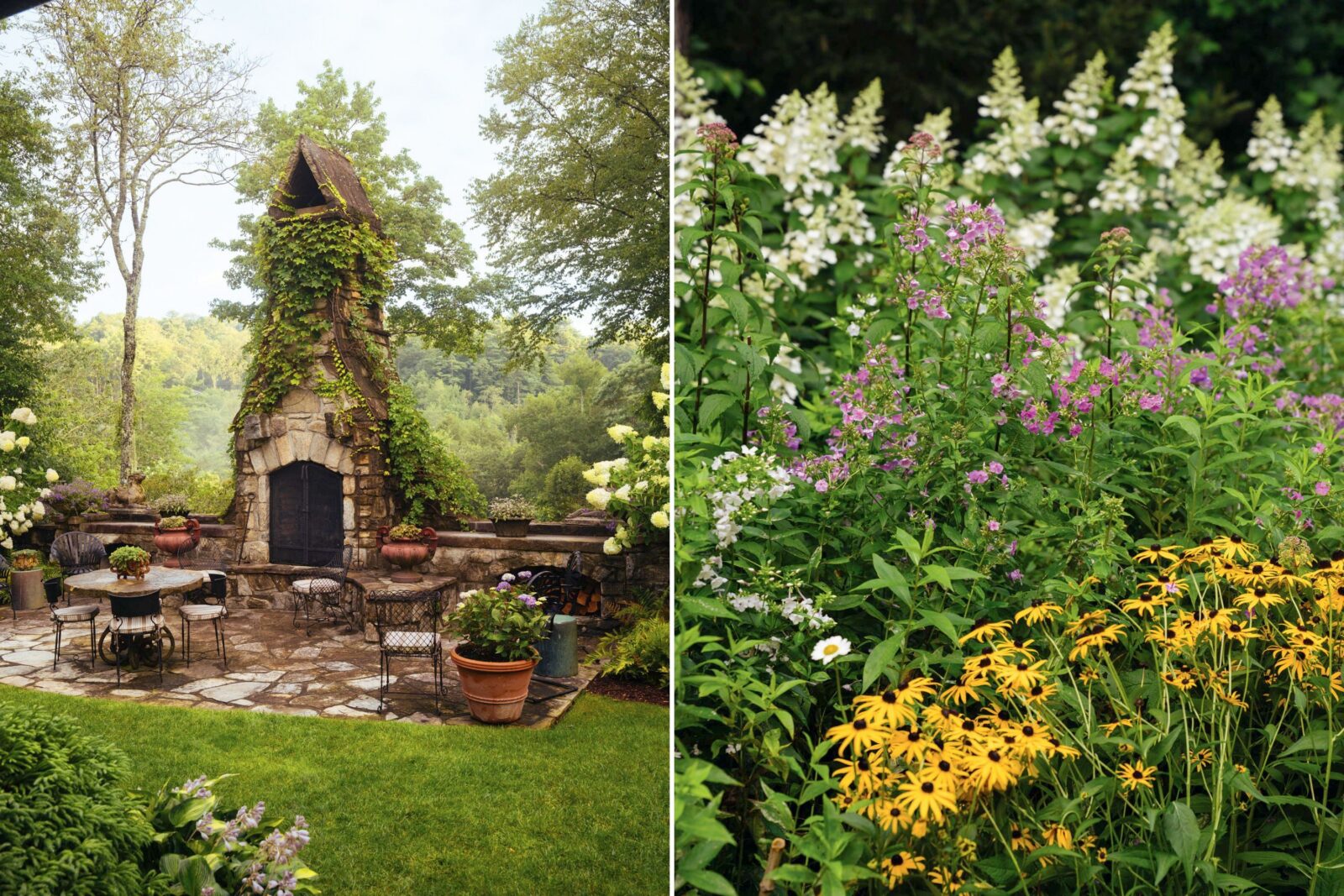 A mountain garden terrace; flowers in bloom