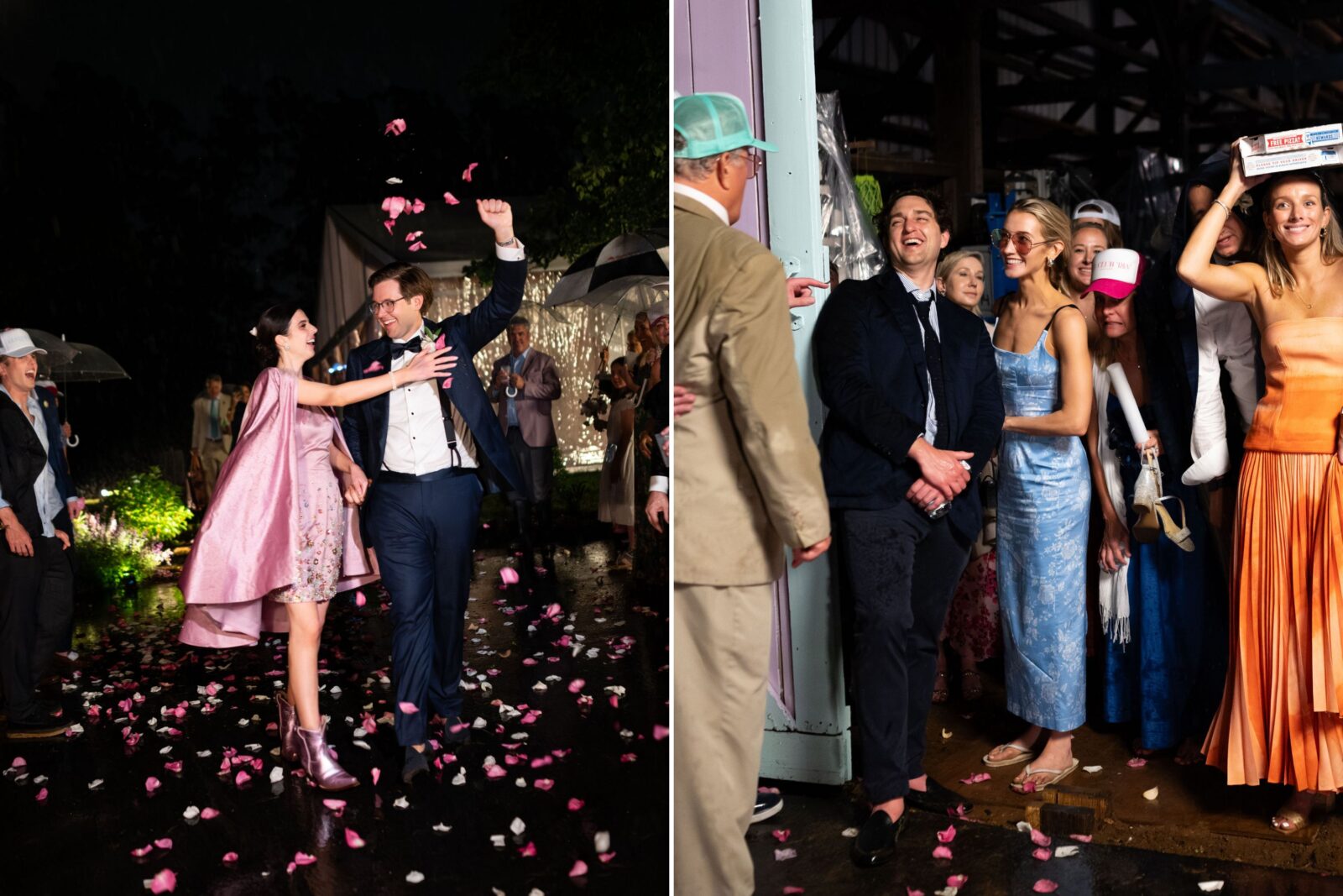 A couple leaving a wedding party; guests with pizza boxes