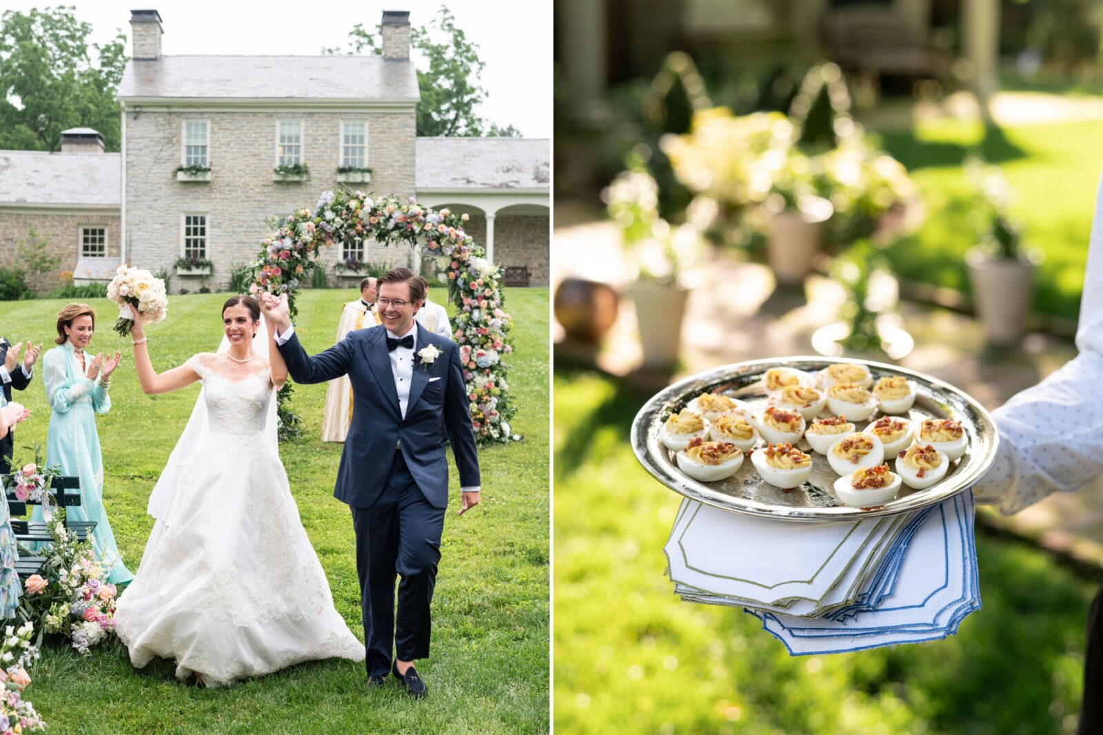 A wedded couple; a silver tray of deviled eggs