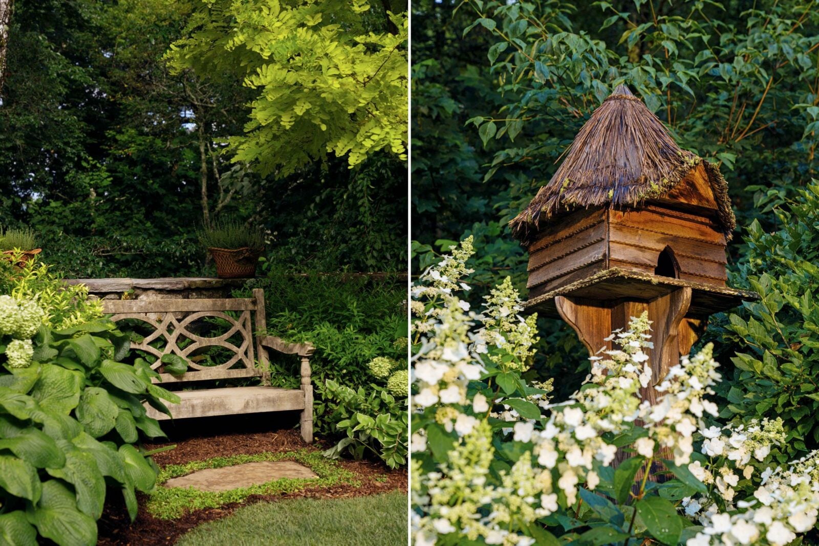 hostas and the golden leaves of a honey locust frame a bench; a birdhouse