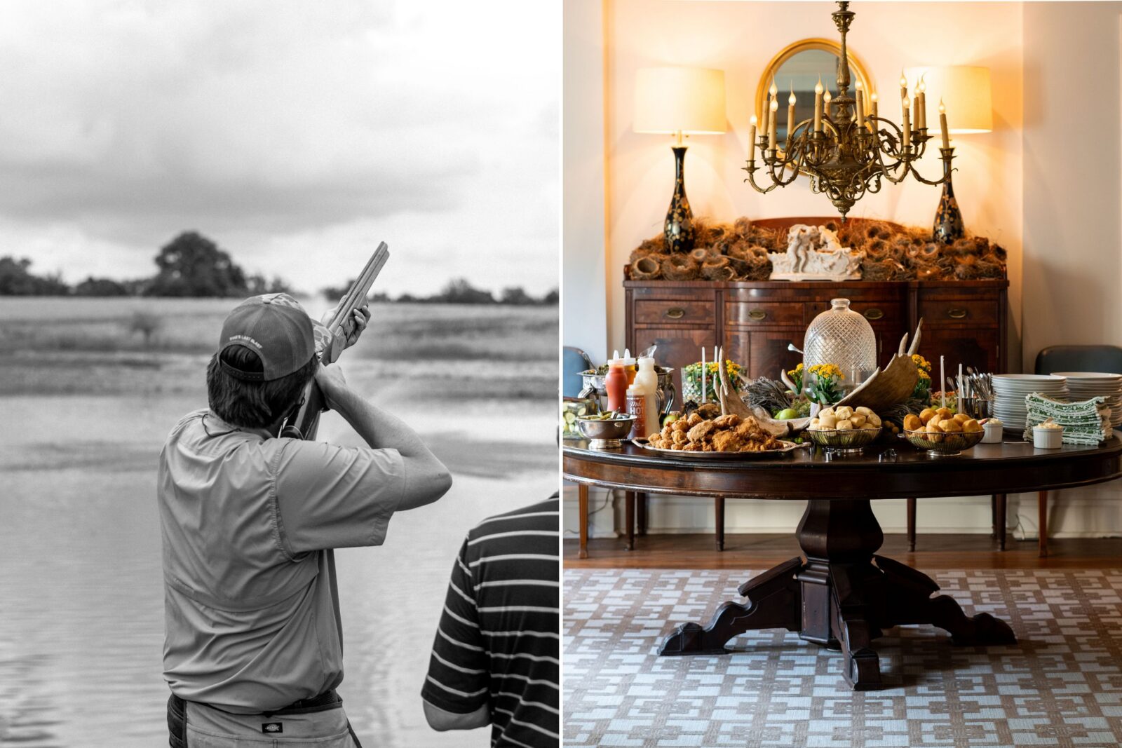 A man aims a shotgun; a table of food