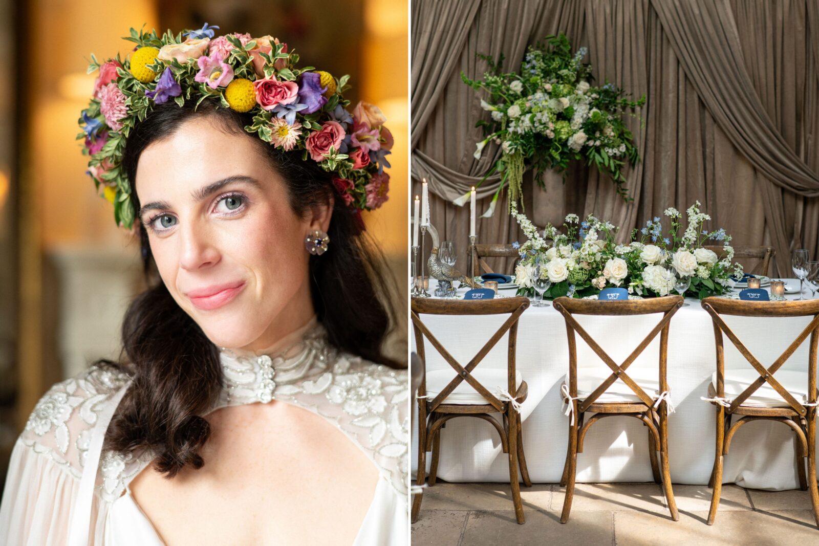 A woman with a flower crown; a set table