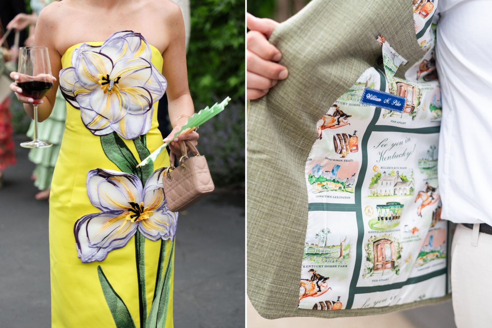 A bright yellow floral dress; details of an illustrated map inside a jacket