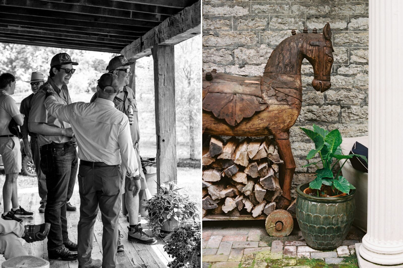 Men at a skeet shoot; a horse-shaped firewood holder