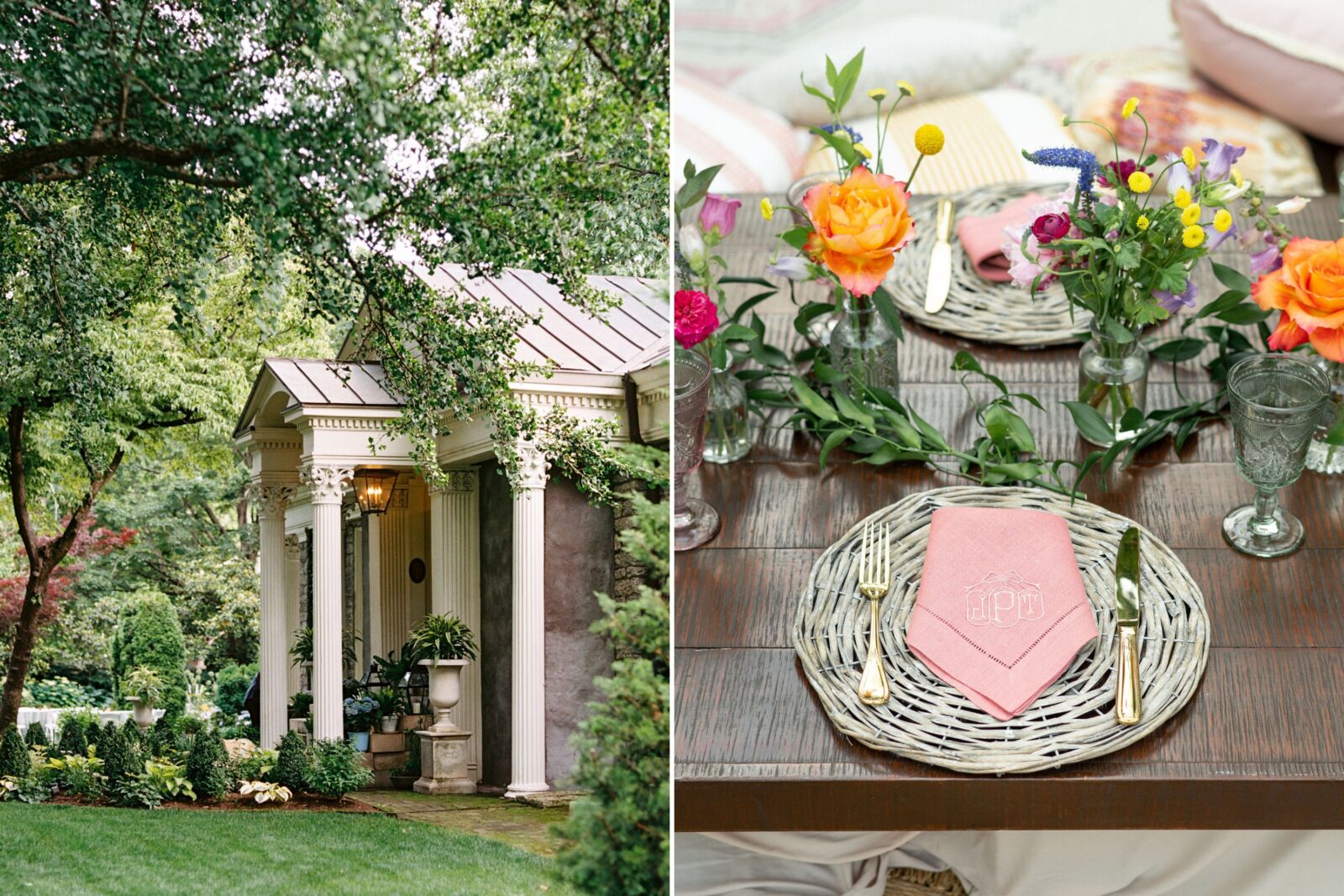 A garden; pink linens at a table