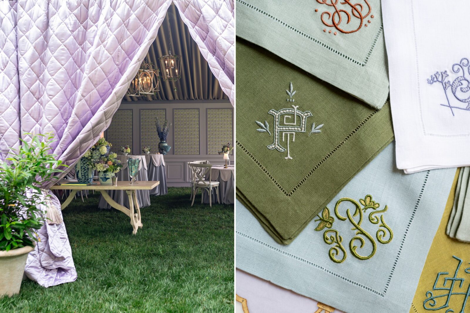 Lavender curtains frame a reception tent; monogramed napkins