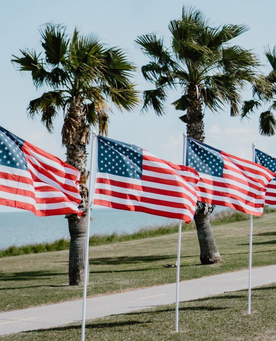 Flags along a waterfront