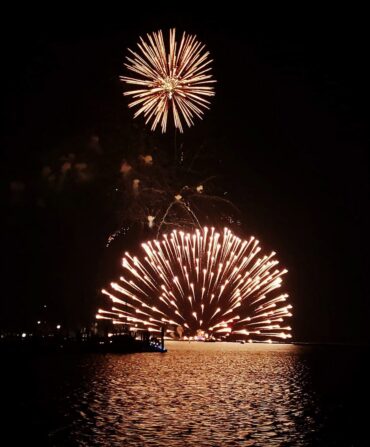 Fireworks at night over a bay