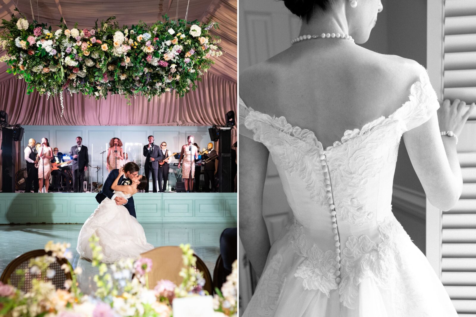 A floral chandelier hung above the seafoam dance floor; the back of a wedding dress