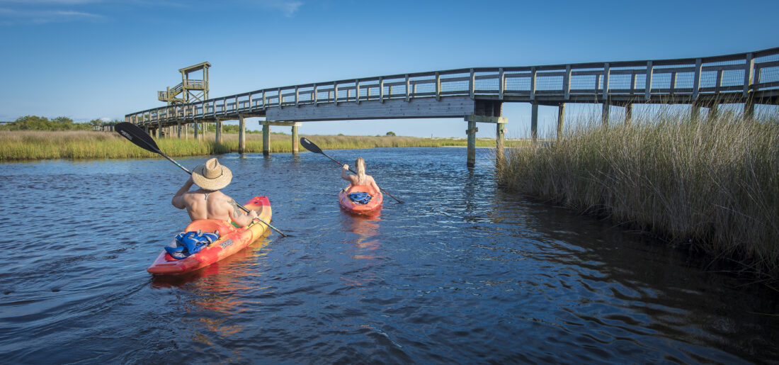 People kayak in a marsh