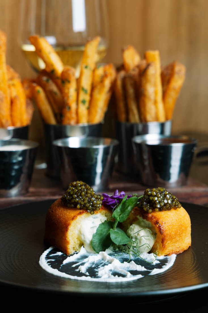 A caviar twinkie with a cornmeal shell