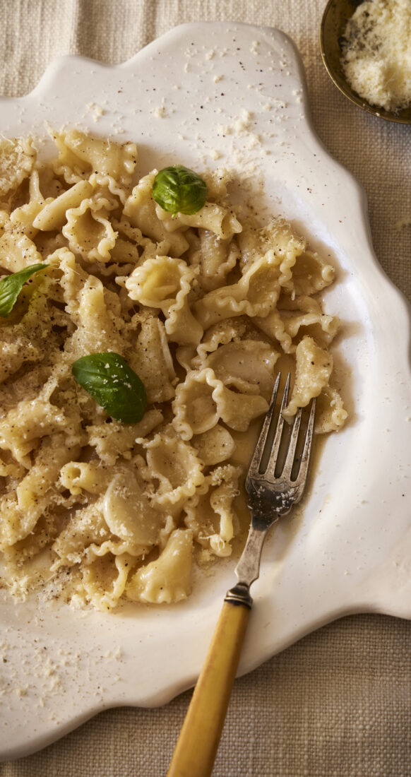 Buttered noodles in a dish