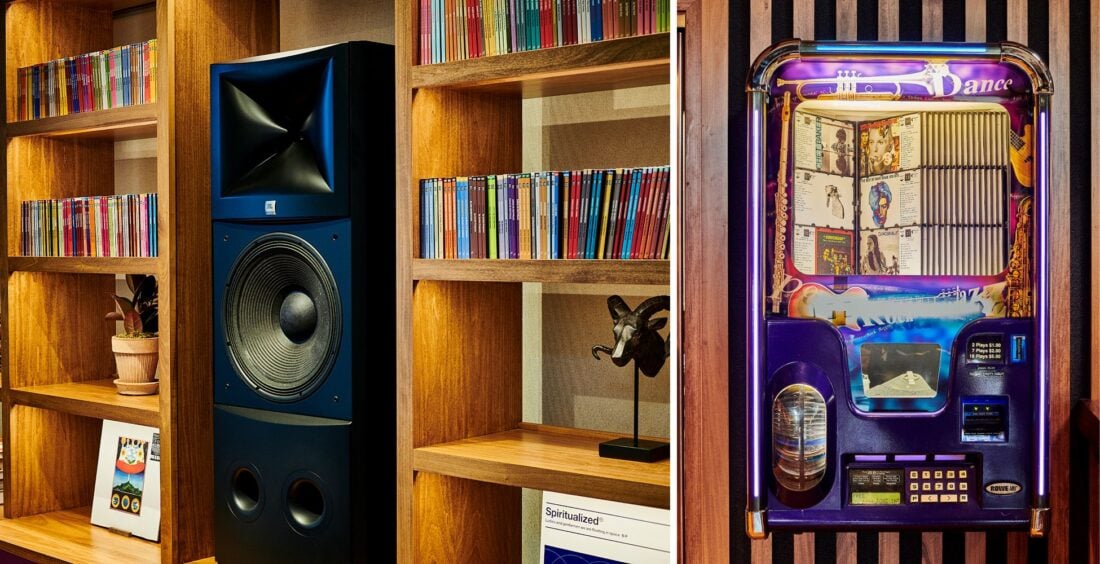 side by side images of wooden shelving holding CDs and a soundsystem, a jukebox