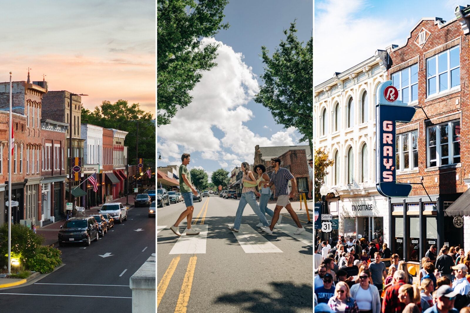 A collage of three main streets
