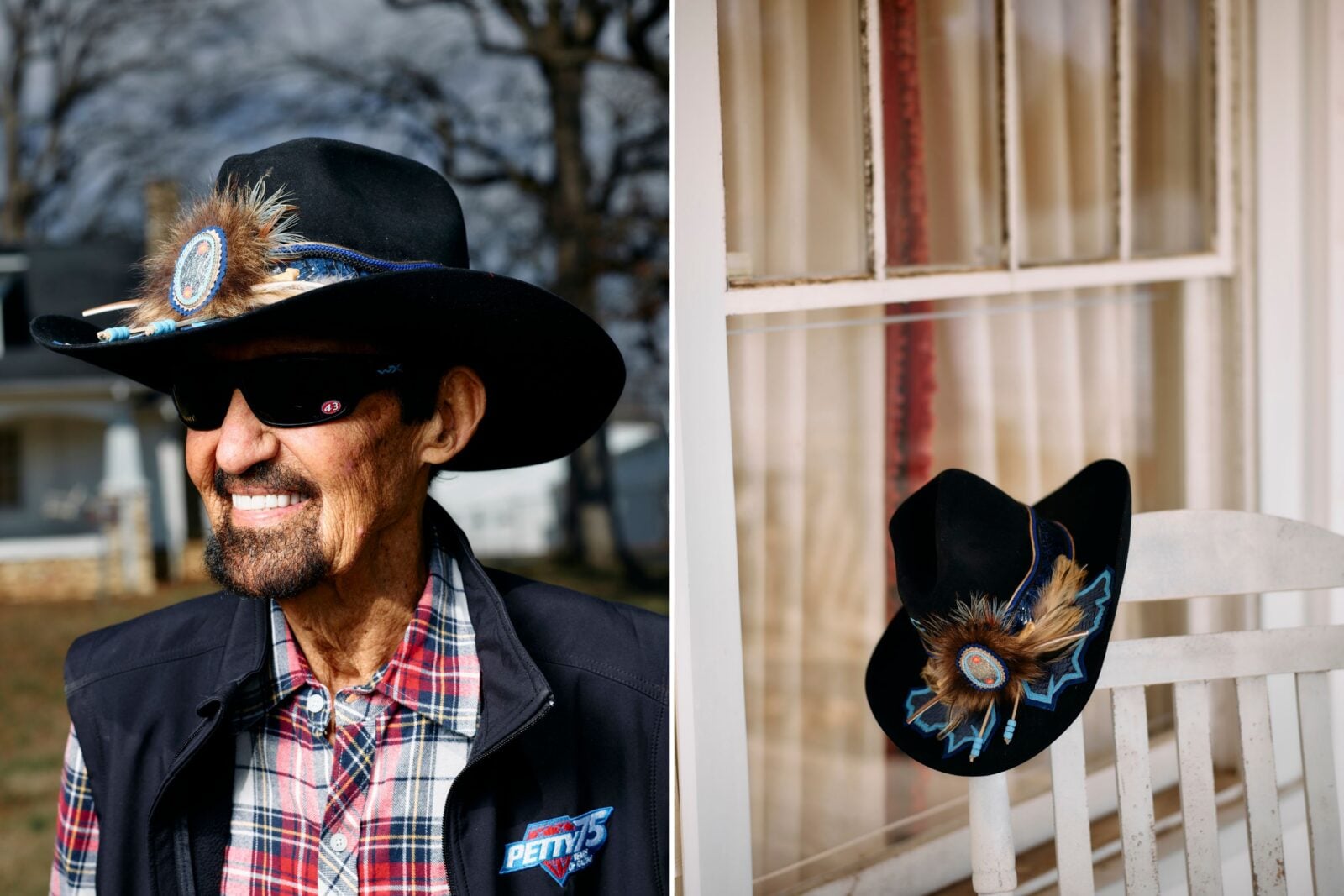 A portrait of Richard Petty; his hat hung on a rocking chair