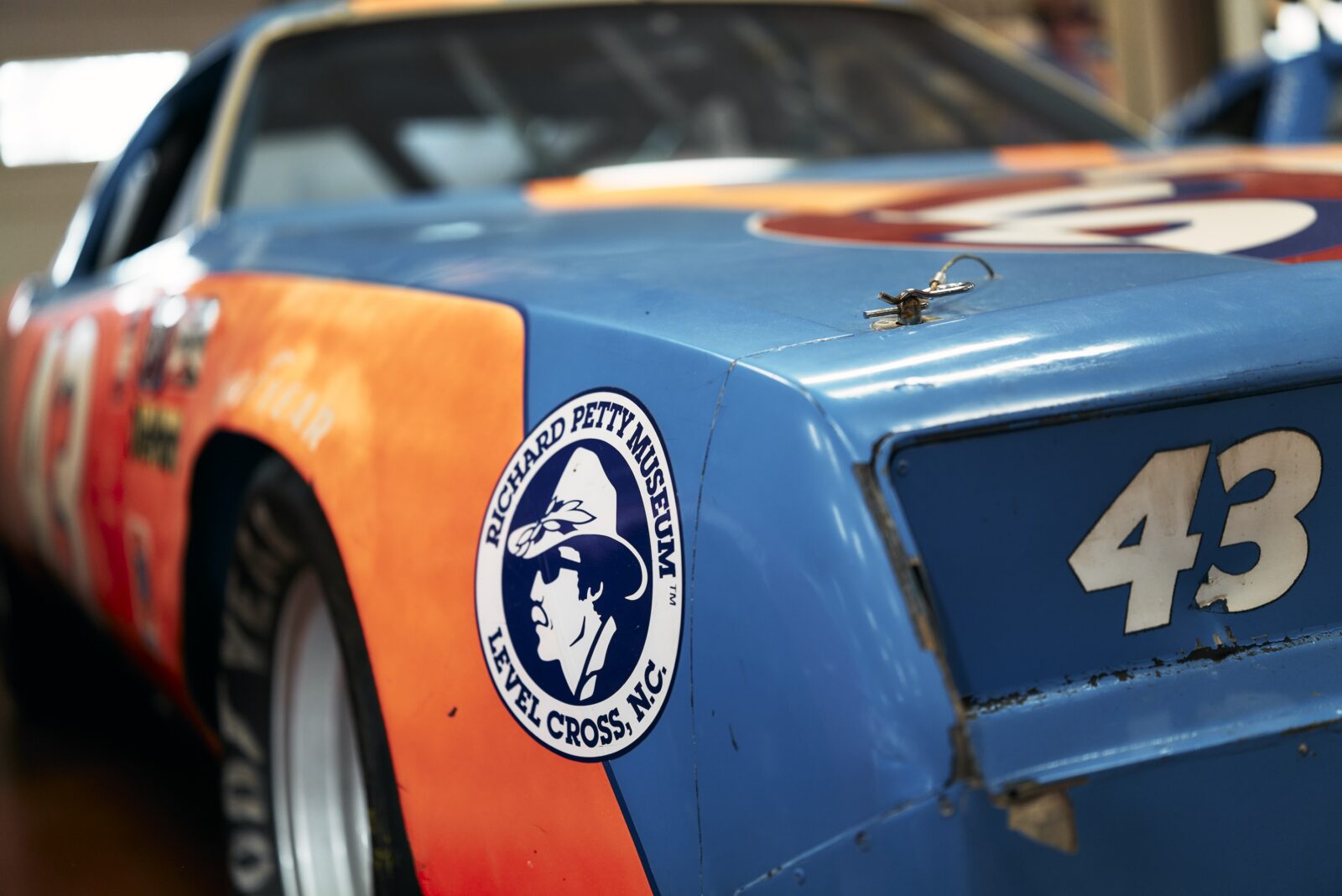 A blue and orange car