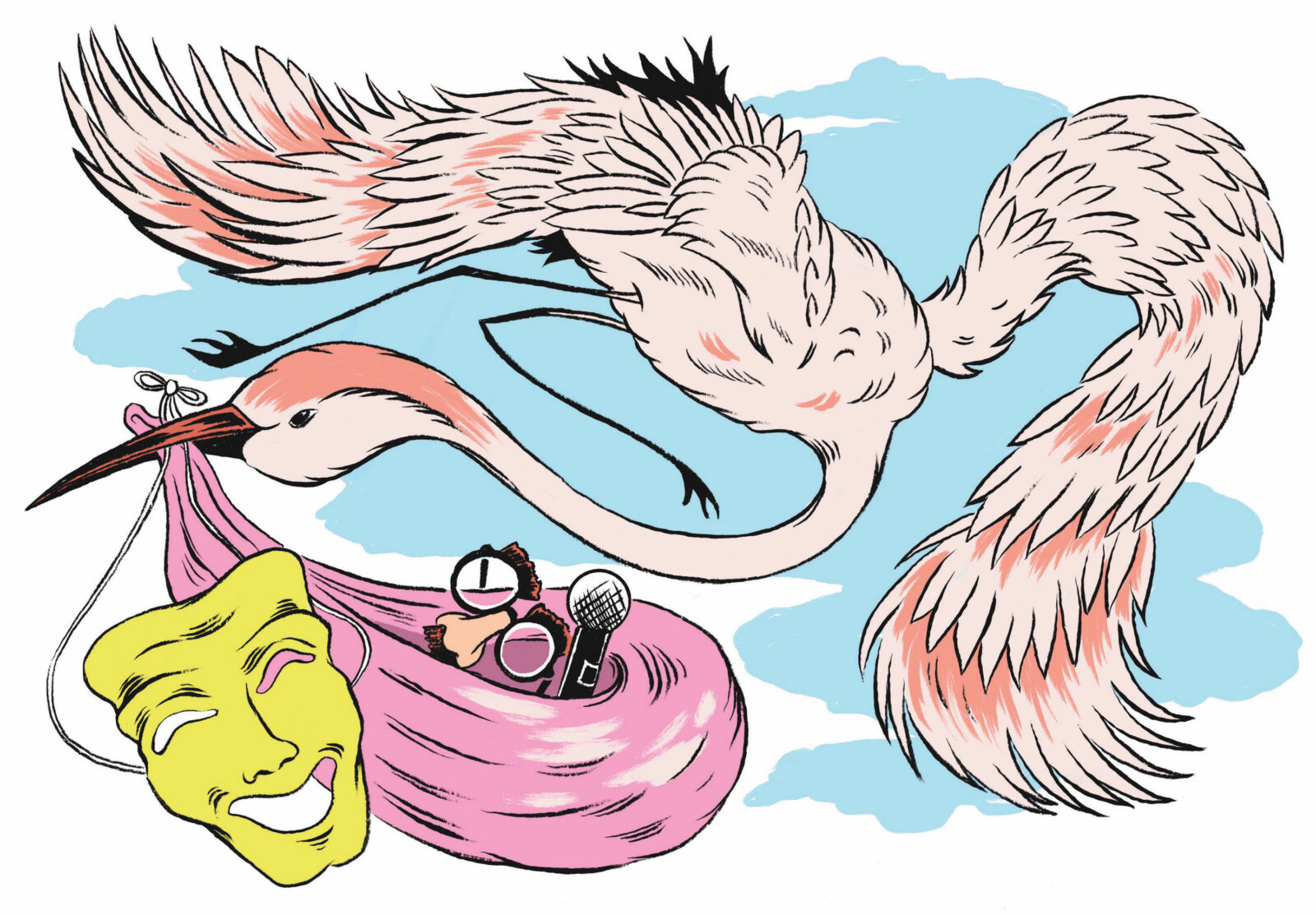 An illustration of a bird carrying a bag of comedy items like a mask and microphone
