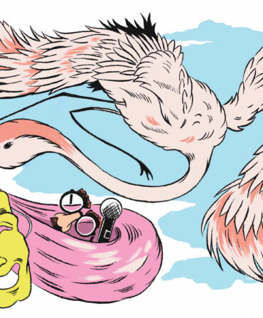 An illustration of a bird carrying a bag of comedy items like a mask and microphone