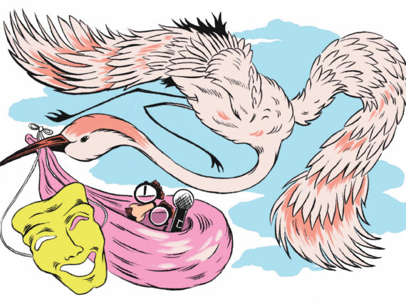 An illustration of a bird carrying a bag of comedy items like a mask and microphone