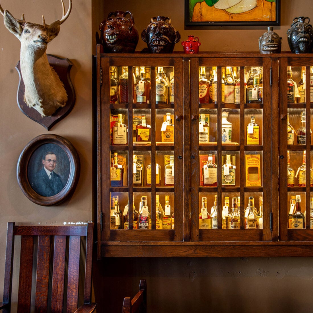 A bar with bourbon bottles 