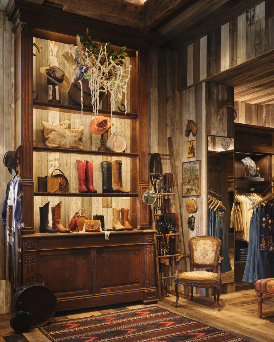 A boutique shop with a wall of boots