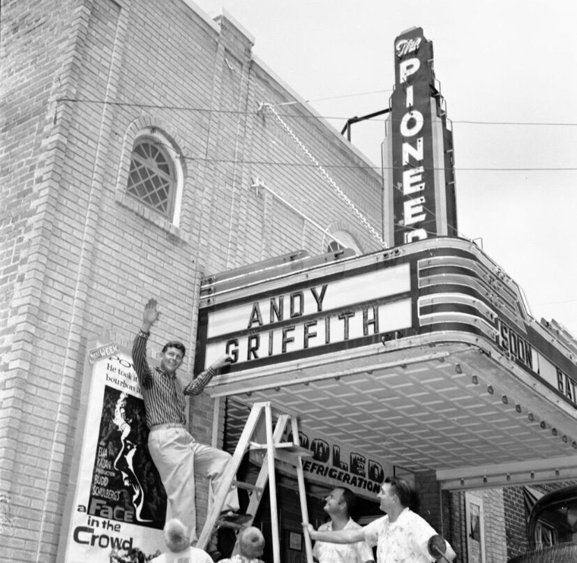 Andy Griffith outside a theater