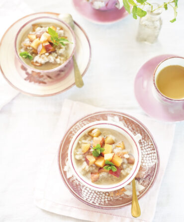 image of rice pudding topped with peaches