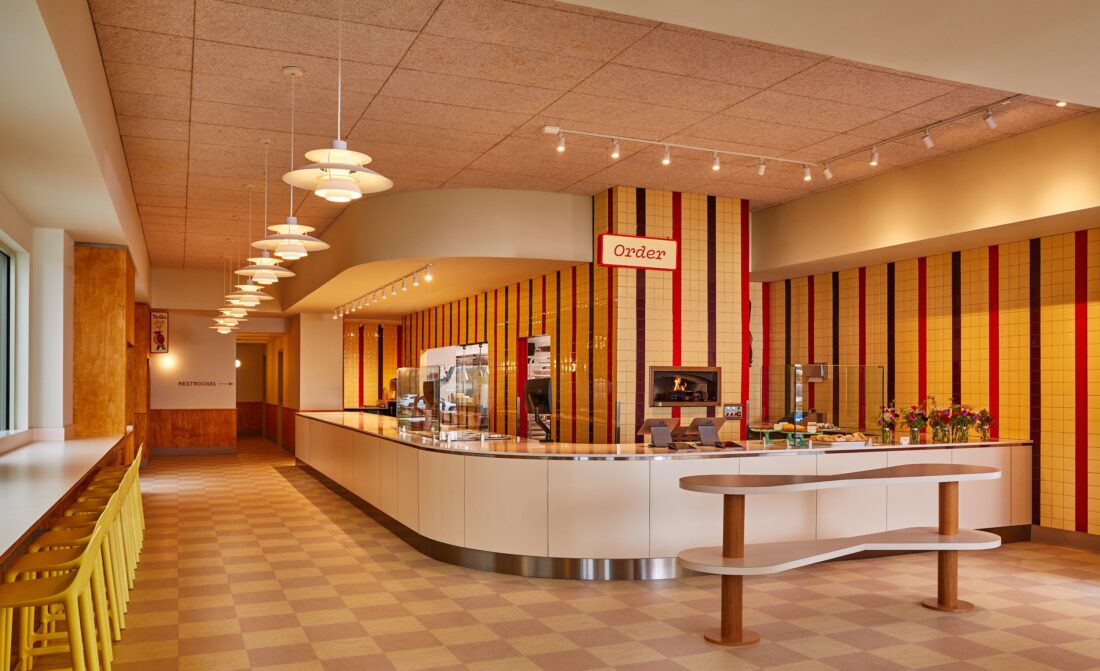 Inside a restaurant with warm lighting