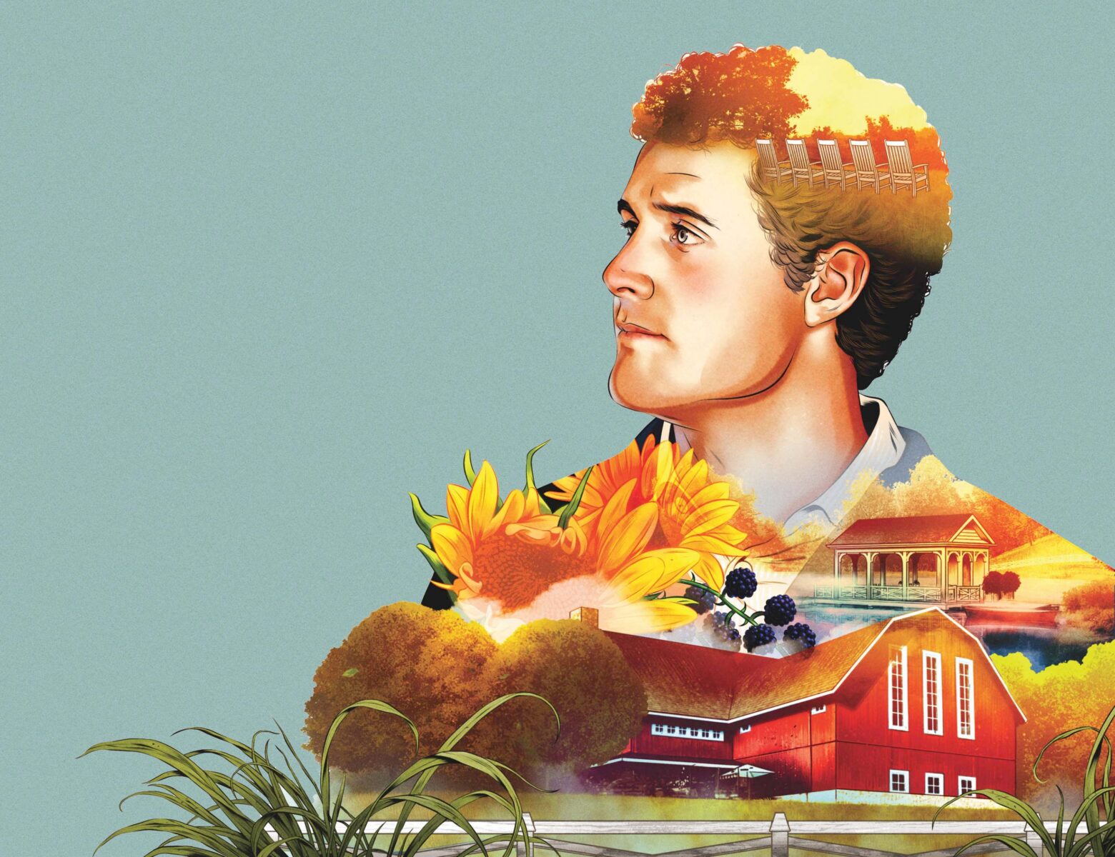 An illustrated portrait of a man whose headshot is above a farm