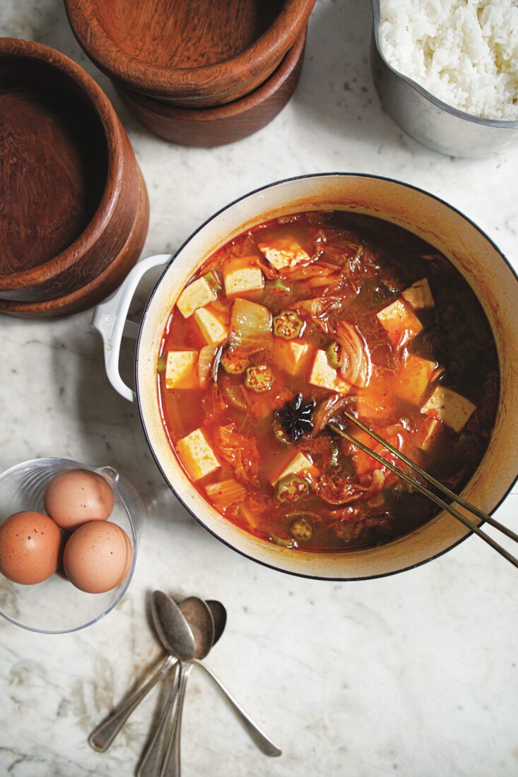Vegetable kimchi and okra strew.