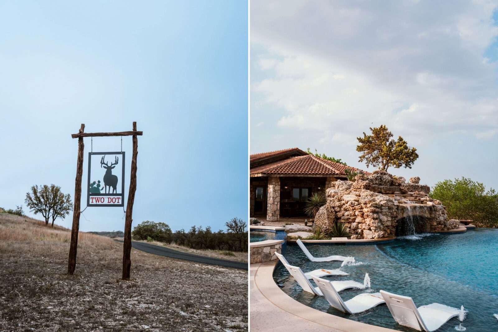 A lodge sign; a pool