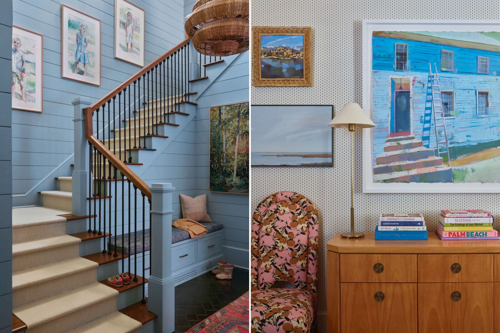 A collage of two images: a blue painted staircase; a painting of a blue building over a console
