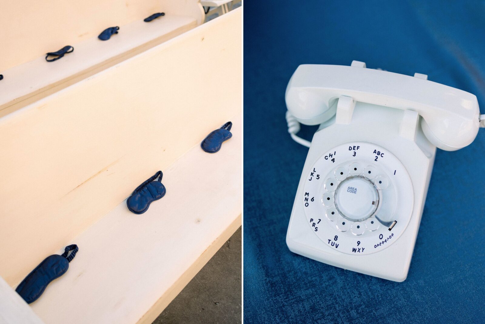 Navy blue blindfolds on pews; a phone